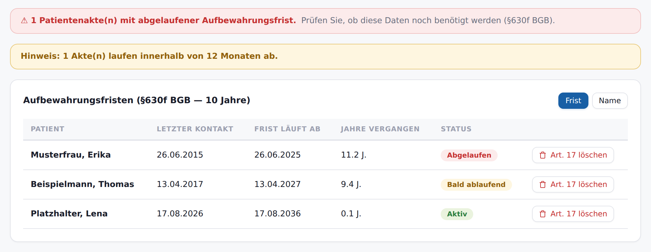 Fristenübersicht in Therao mit den Status Abgelaufen, Bald ablaufend und Aktiv