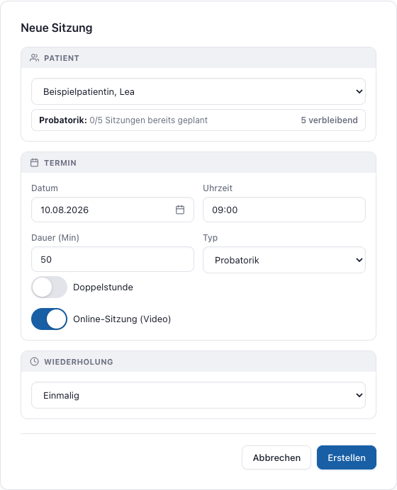 Termin-Formular in Therao mit aktiviertem Toggle „Online-Sitzung (Video)“