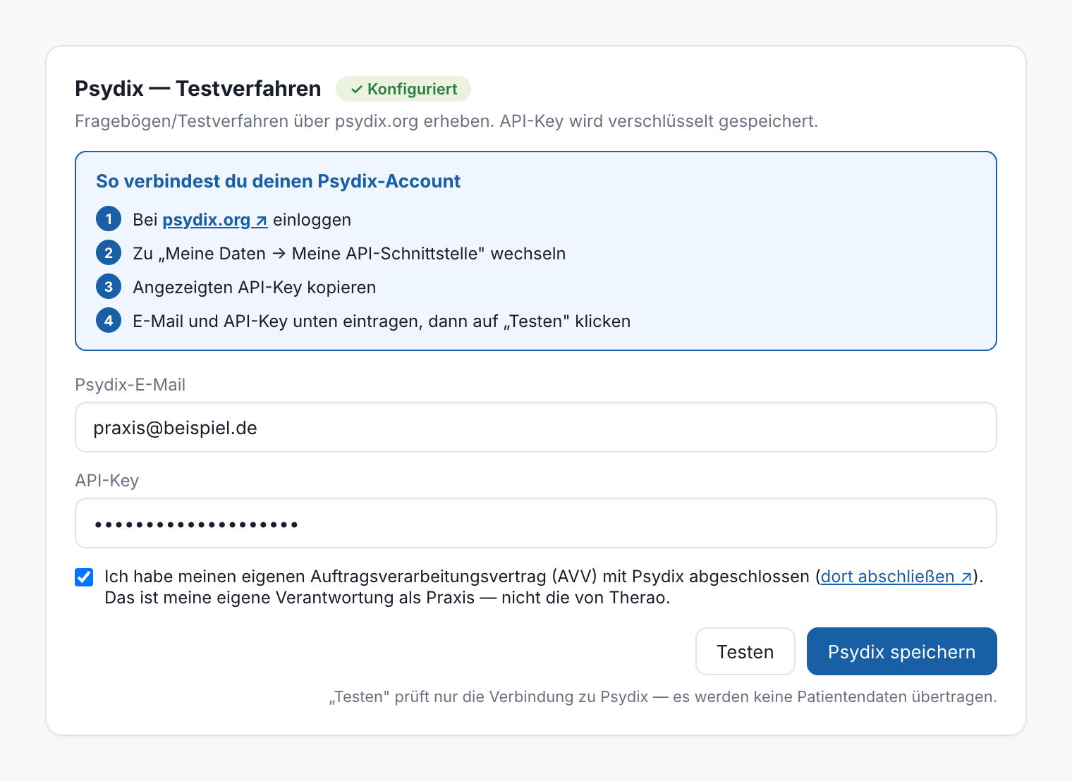 Psydix-Zugangsdaten-Karte unter Einstellungen mit Schritt-für-Schritt-Anleitung, E-Mail/API-Key-Feldern und AVV-Bestätigung