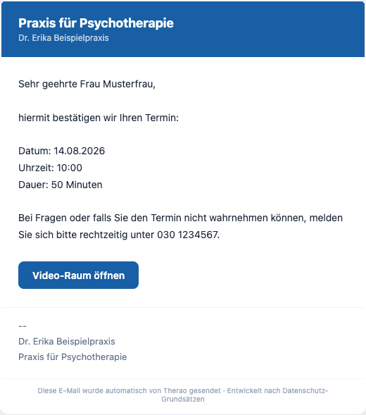 Terminbestätigungs-E-Mail mit „Video-Raum öffnen“-Button
