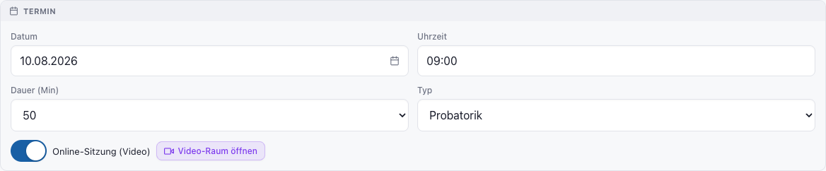 Termin-Card im Sitzungsmodus mit aktivem Online-Sitzung(Video)-Toggle und „Video-Raum öffnen“-Button
